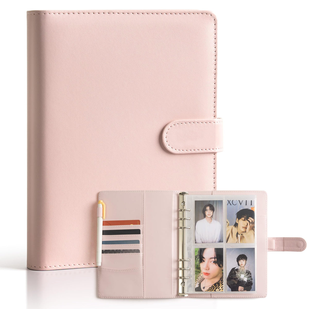 A5 Kpop Photocard Binder Kpop Album Photocard Holder 240 Cards Capacity A5 Binder 6 Ring with 30 Double Sided Photocard Sleeves, Cute PU Leather Binder Cover for Organizing K-pop Photocards
