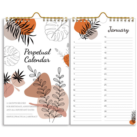 Perpetual Calendar - Undated Calendar 12-Month for Birthday, Anniversaries, Important Days, Festivals Reminder, 6â€™â€™ x 10â€™â€™ with 2 Lines Per Days, Twin-wire Binding, Thicker Paper, Minimalist Design