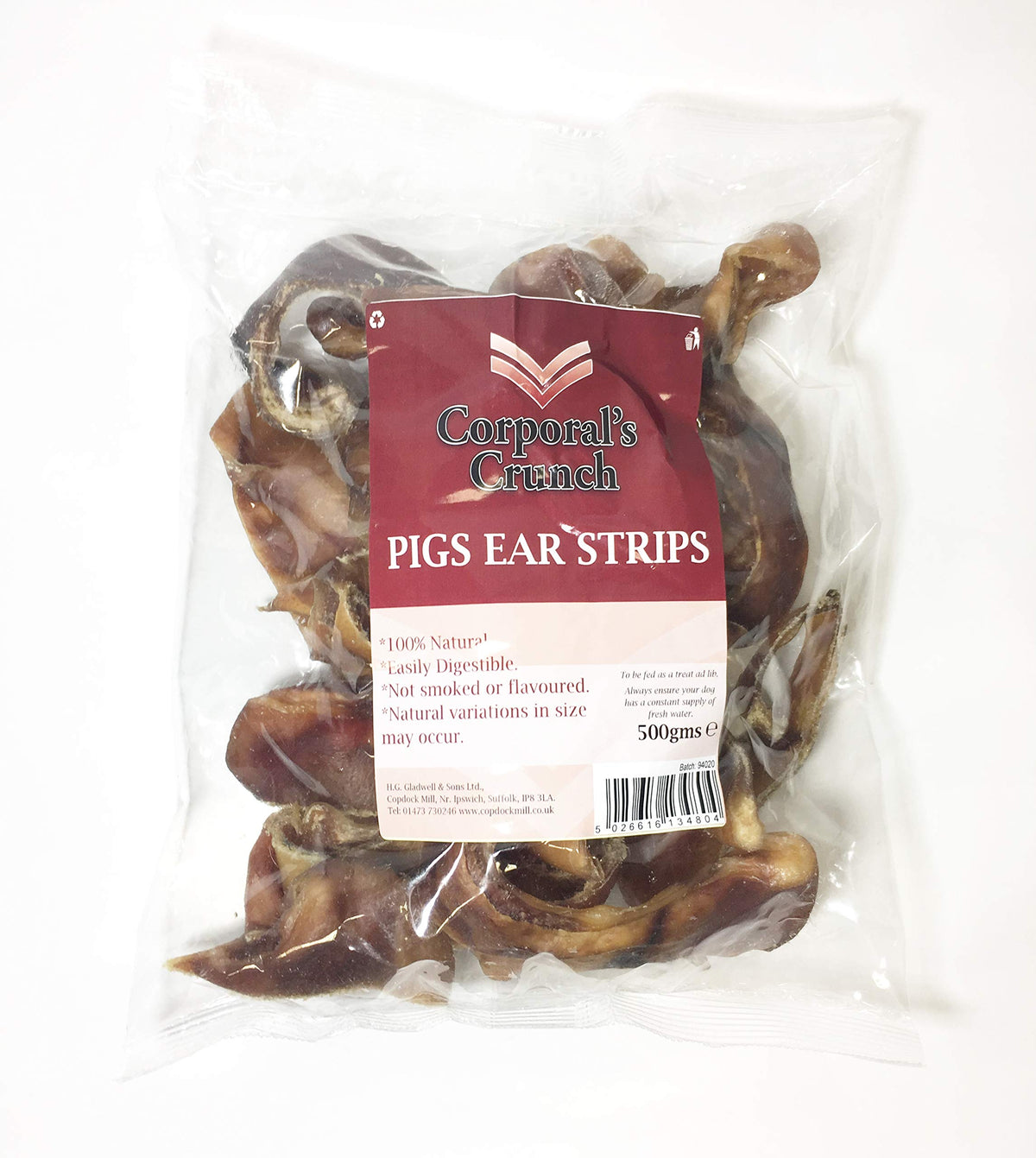Corporals Crunch Pigs Ear Strips 500g Natural Dry Dog Chews Treats