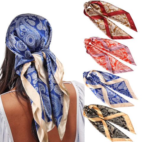 AWAYTR 35Ã¢â‚¬Â Satin Large Square Head Scarves for Women - 4PCS Silk Like Neck Scarf Hair Sleeping Wraps Lightweight ,Cashew (Black+Red+Blue+Brown)