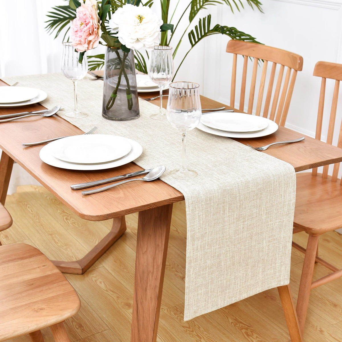 Faux Linen Double Layer Table Runner 48 Inch Long Farmhouse Rustic Short Neutral Beige Table Runners Thick Reversible Coffee Rectangle Runners for Daily Use Dining Table Decor 13x48 Inch