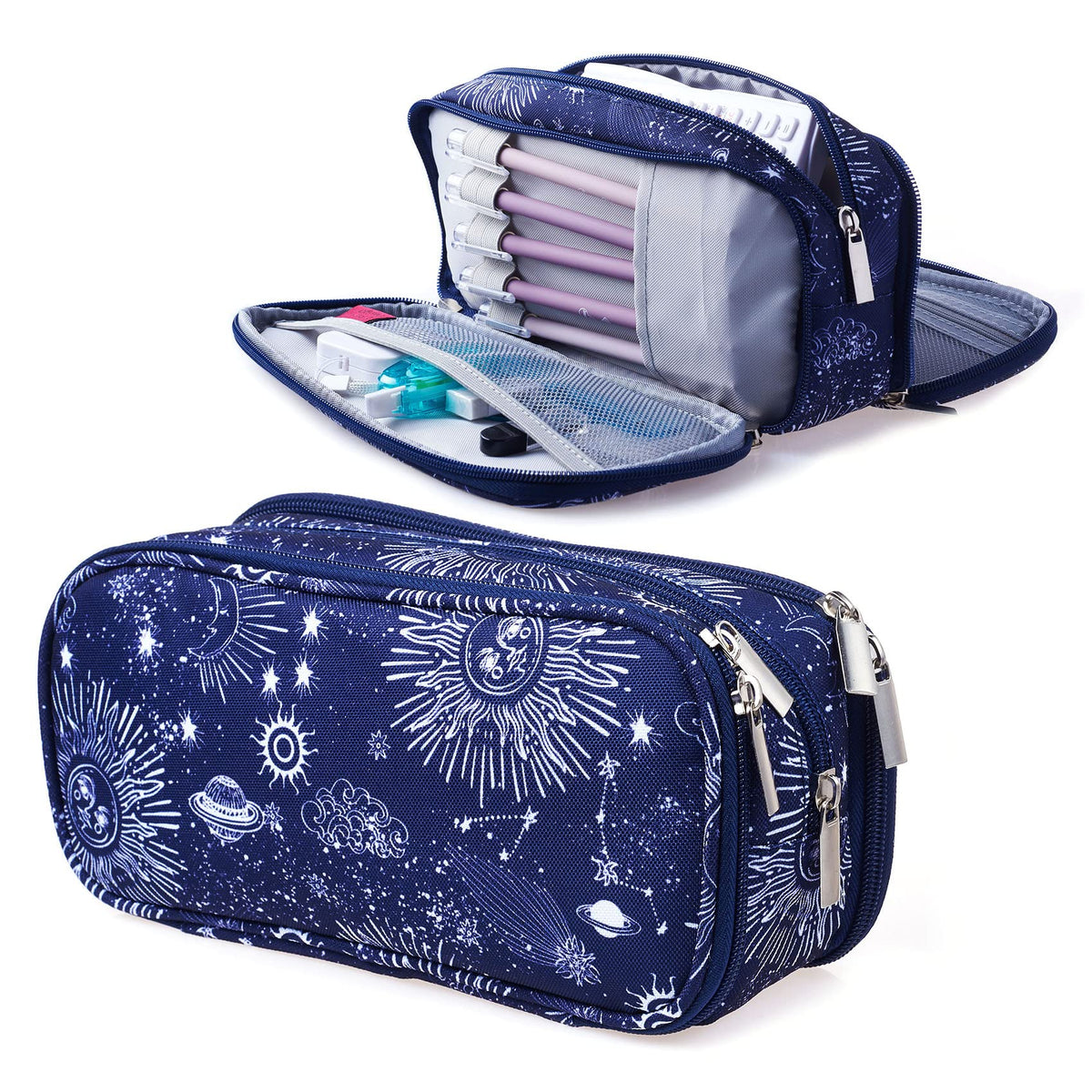 LParkin Sun and Moon Pencil Case Super Large Capacity 3 Compartments Canvas Pencil Box Office School Zodiac Gifts