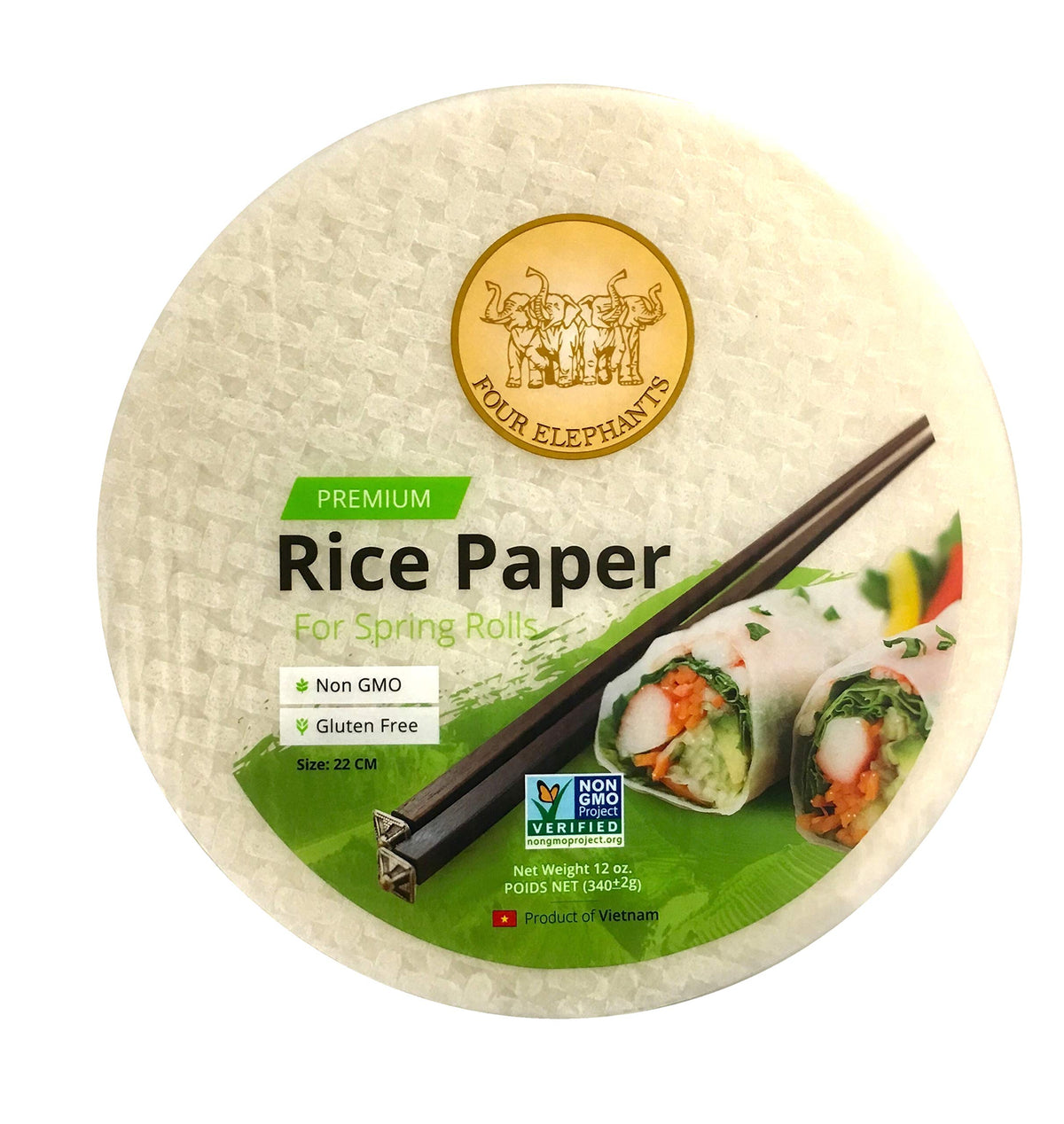 22CM Round Rice Paper Non-GMO | Pack of 2 (12 oz per pack) | Four Elephants Brand | Restaurant Quality Premium Spring Roll | 1 2 3 Seconds & Roll