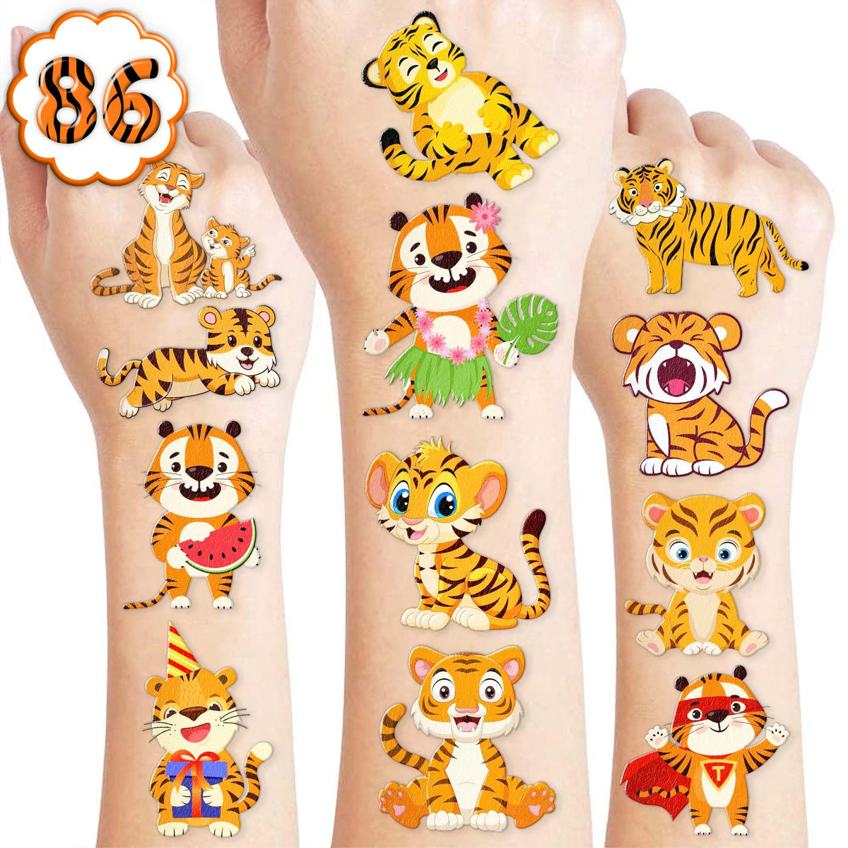 86PCS Tiger Temporary Tattoos Birthday Party Decorations Supplies Favors Decor Themed Jungle Animal Stickers Cute Gifts for Kids Girls Boys Classroom Prizes Rewards