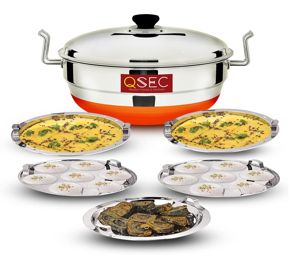 QSEC QE-5G Stainless Steel Idli Cooker Multi Kadai Steamer with Copper Bottom All-in-One Big Size 5 Plate 2 Idli | 2 Dhokla | 1 Patra | Momo's | 3 in 1 | 285 mm Dia.