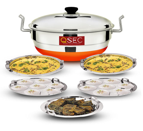 QSEC QE-5G Stainless Steel Idli Cooker Multi Kadai Steamer with Copper Bottom All-in-One Big Size 5 Plate 2 Idli | 2 Dhokla | 1 Patra | Momo's | 3 in 1 | 285 mm Dia.