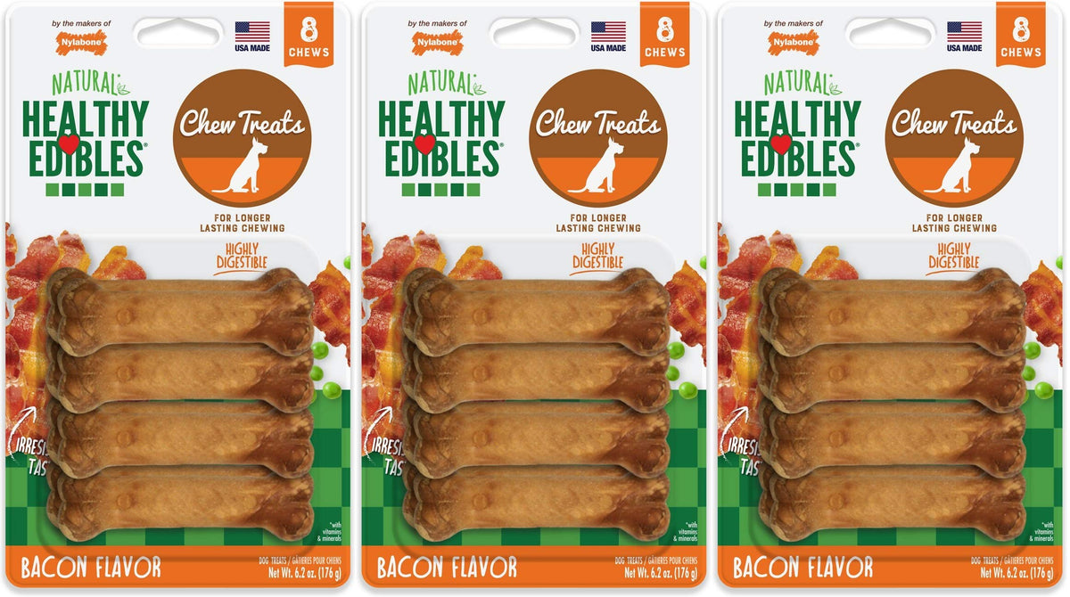Nylabone Healthy Edibles Long Lasting Chew Treats. (4) 8 Count Pakcs of Bacon Flavor Tereats for X-Small/Petite Dogs. 32 Total Treats.