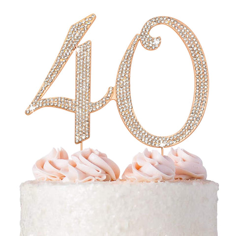 40 Cake Topper - Premium Rose Gold Metal - 40th Birthday or Anniversary Party Sparkly Rhinestone Decoration Makes a Great Centerpiece - Now Protected in a Box