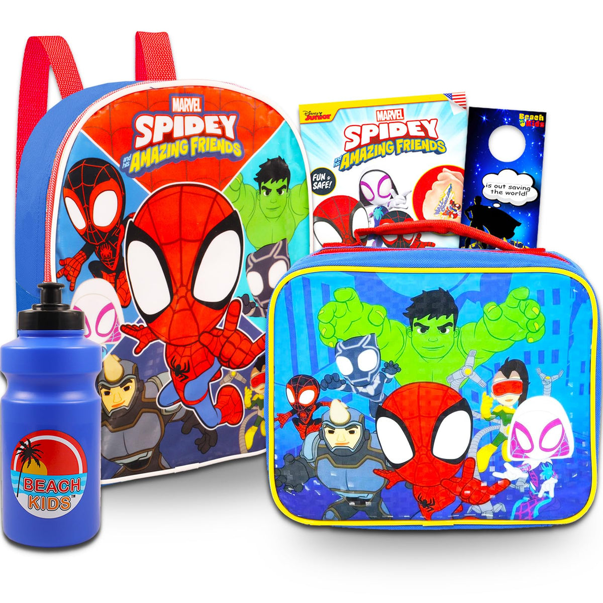 Spidey and His Amazing Friends Mini Backpack and Lunch Box - Bundle with 11â€ Spiderman Backpack, Spidey Lunch Box, Water Bottle, Tattoos, More | Spidey and Friends Backpack Set