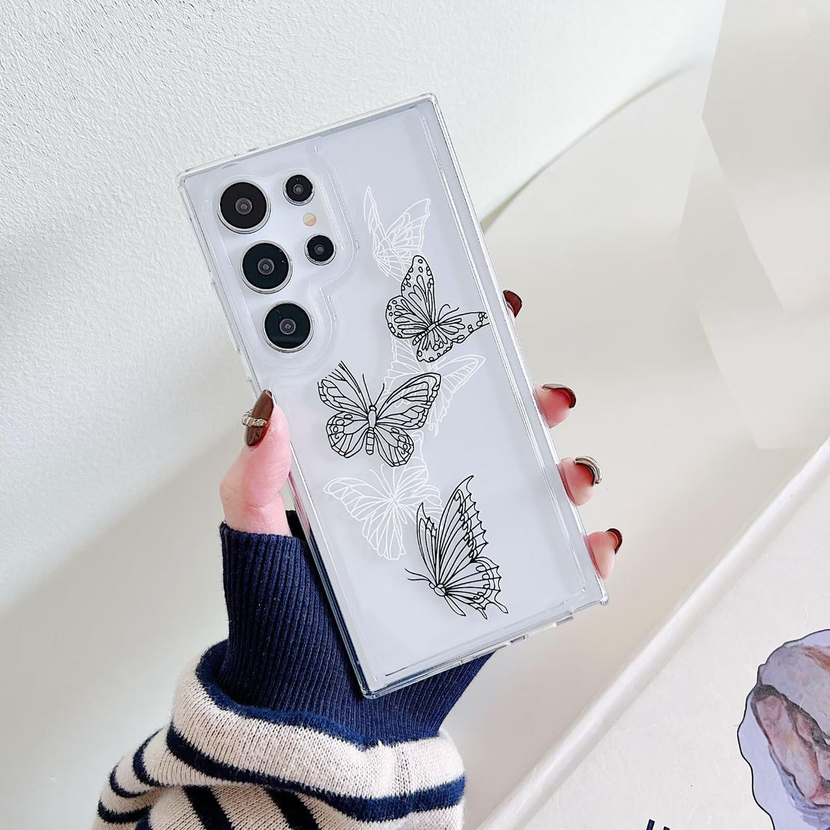 Rnrieyta Miagon Butterfly Series Soft Silicone Cover for Samsung Galaxy A55 5G,Slim Shockproof Clear Transparent Phone Protective Case for Women Girls,White Black Butterfly