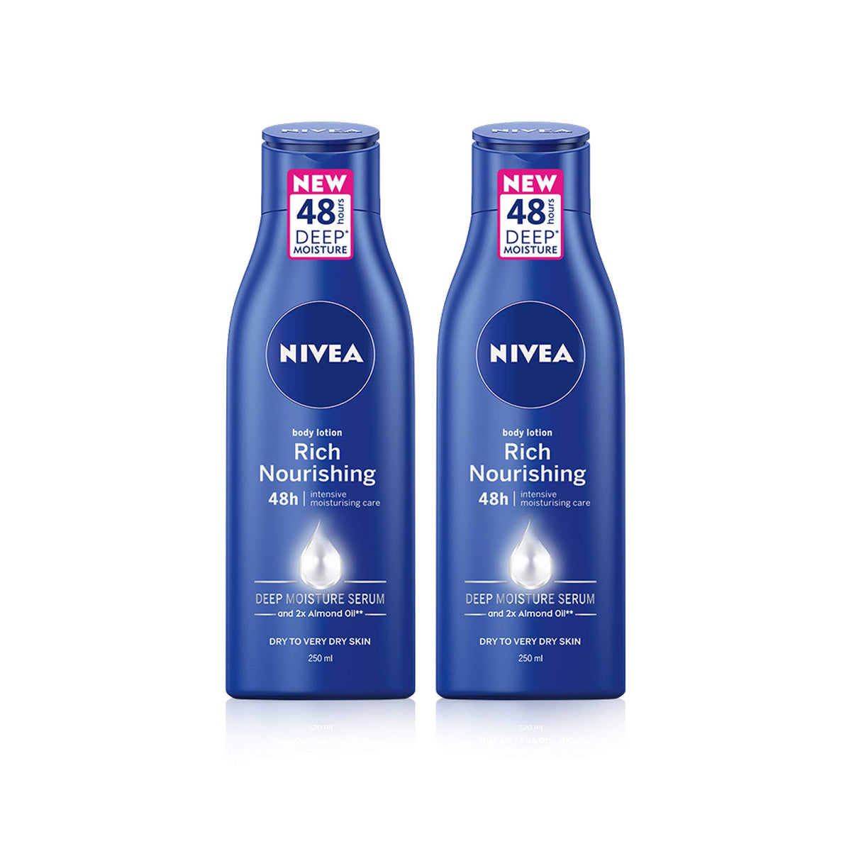 NIVEA Rich Nourishing Body Lotion, Pack of 2 (2 x 250ml), 48hr Replenishing Body Lotion, Intensive Moisturising Cream with Almond Oil, Creamy Hydrating Formula