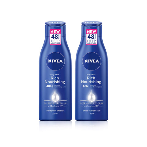 NIVEA Rich Nourishing Body Lotion, Pack of 2 (2 x 250ml), 48hr Replenishing Body Lotion, Intensive Moisturising Cream with Almond Oil, Creamy Hydrating Formula