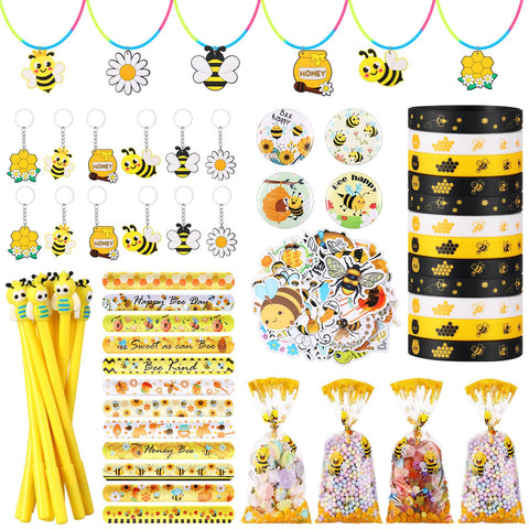 WinnerWhy 12 Sets /134 Pcs Bee Theme Party Favors, Include 12 Honey Themed Gift Bag 12 Silicone Wristband 12 Badge 12 Pen 12 Snap Wristband 12 Keychains 12 Necklace 50 Sticker for Back to School Gift