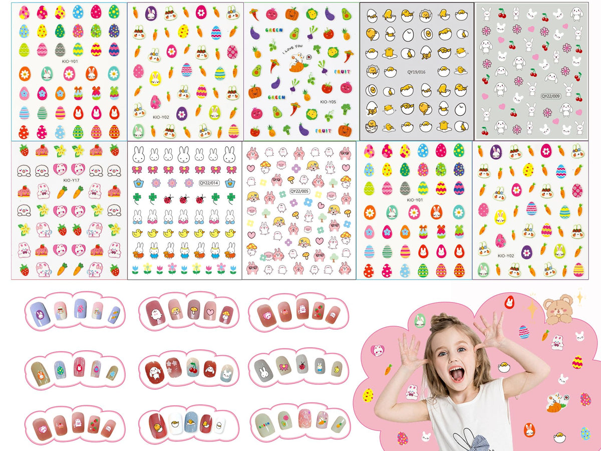 Nail Sticker Set for Children, 10 Sheets Nail Stickers Children 3D Self-Adhesive Summer Cartoon Kid Nail Stickers Animals Plants Art Nail Sticker Nail Sticker Set Nail Art for Children Women Girls