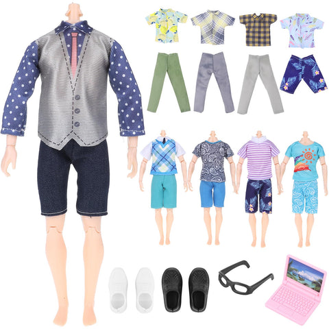 Aster 11.5 Inch Ken Doll Clothes and Accessories, 5 Set Ken Doll Clothes Set Incldes 1 Suit, 1 Shirt, Random 4 Tops and 4 Pants, 1 Pair of Glasses, 2 Pairs of Shoes and 1 Computer