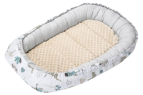 Medi Partners Baby Nest Cuddly Nest Baby Cot Bumper 100% Cotton Cot Bumper Travel Cot for Babies Infants 100 x 60 x 15 cm Removable Insert (Mint Zoo with Beige Plush)