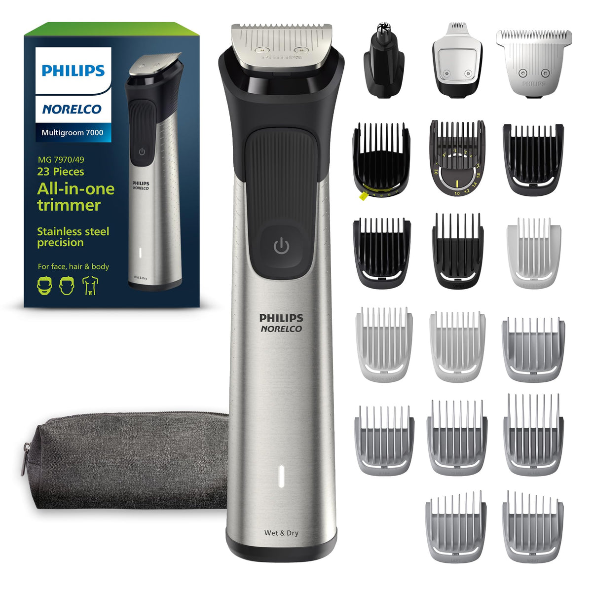 Norelco New Philips Multigroom Series 7000, Mens Grooming Kit with Trimmer for Beard, Head, Hair, Body, Groin, and Face with Titanium Blades, 20 Length Settings - NO Blade Oil Needed, MG7970/49