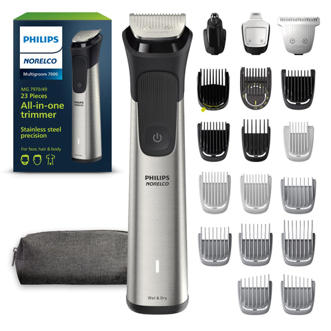 Norelco New Philips Multigroom Series 7000, Mens Grooming Kit with Trimmer for Beard, Head, Hair, Body, Groin, and Face with Titanium Blades, 20 Length Settings - NO Blade Oil Needed, MG7970/49