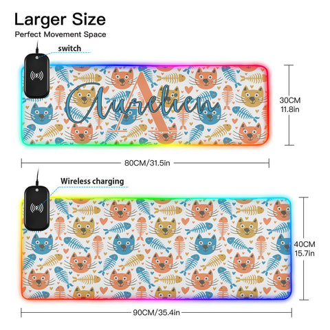 Funny Cats and Fish Custom Wireless Charging Mouse Pad for Mobile Phone Personalized Extra Large Gaming Mousepad with 13 Lighting Modes Extended Desk Mat for Gaming MacBook PC Laptop Desk Home Office