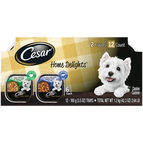 CESAR HOME DELIGHTS Soft Wet Dog Food Turkey, Green Beans & Potatoes Dinner and Pot Roast with Spring Vegetables Dinner Variety Pack, 3.5 oz. Easy Peel Trays, Pack of 12