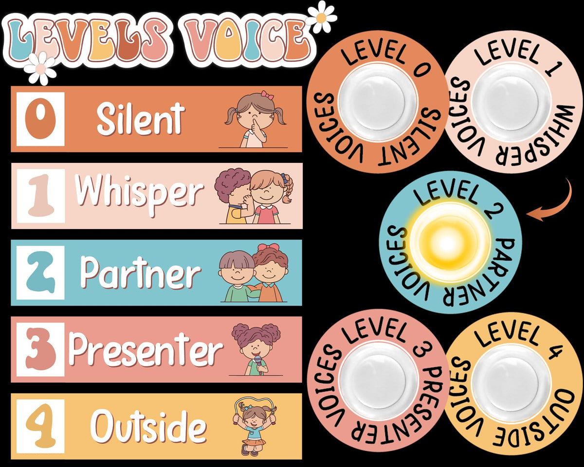 Groovy Hippie Voice Level Poster with 5 Pack Puck Lights Retro Hippie Class Noise Level Display Educational Management Supplies Noise Monitor for Teacher Must Haves Classroom Essentials Elementary