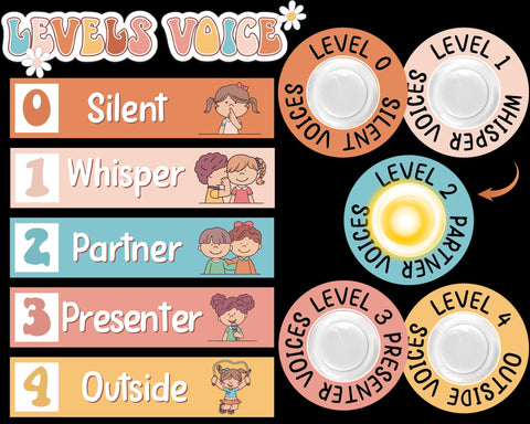 Groovy Hippie Voice Level Poster with 5 Pack Puck Lights Retro Hippie Class Noise Level Display Educational Management Supplies Noise Monitor for Teacher Must Haves Classroom Essentials Elementary