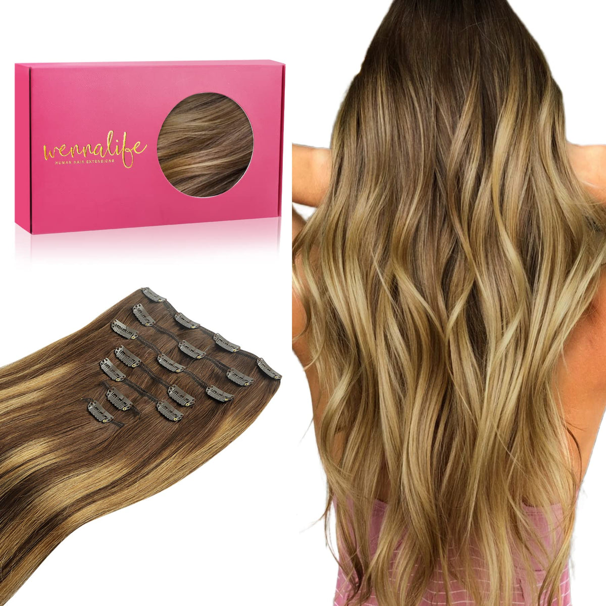 WENNALIFE Hair Extensions Clip In, 18 Inch 120g 7pcs Clip in Hair Extensions Real Human Hair Balayage Chocolate Brown to Caramel Blonde Remy Coloured Human Hair Extensions