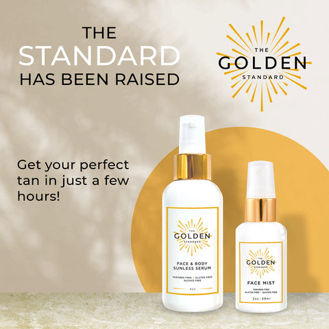 The Golden Standard We've Got You Covered Combo - Face & Body Sunless Serum and Face Mist with Brush - Natural and Hydrating Flawless Sunless Self Tanning for a Buildable Tan - Cruelty Free (2 oz)