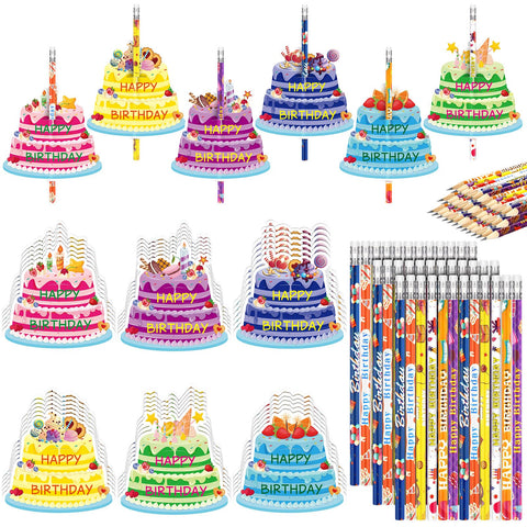 Panelee 72 Pcs Happy Birthday Pencils and Greeting Cards Set Colorful Printed Birthday Pencils Bulk Birthday Certificates Happy Birthday Pencils with Top Erasers Birthday Cake Cutouts for Kids Party