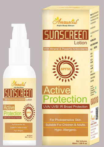 AMRUSOAL Sunscreen Lotion Active Protection SFP50 PA+++ for Oily or Safe Sun Block Cream, Paraben & Sulphate free - (60 ml)