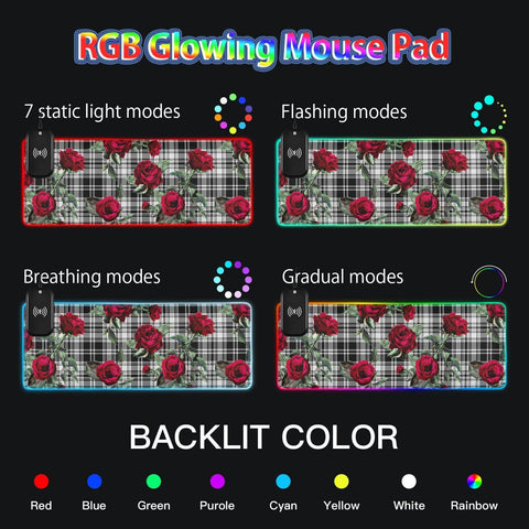 Black White Plaid Roses Wireless Charging Mouse Pad for Mobile Phone Extra Large Gaming Mousepad with 13 Lighting Modes Mouse Mat for Gaming MacBook PC Laptop Desk Home Office