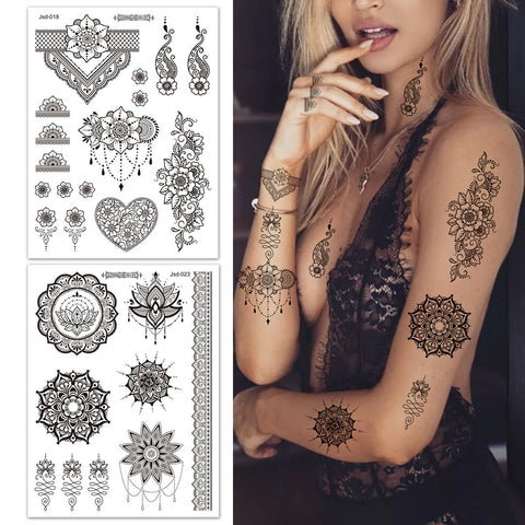 Henna Temporary Tattoos for Women Girls 10 Sheets Black Fake Flower Mandala Jewelry Pendant Butterfly Tattoo Stickers Waterproof Body Art Stickers for Body Arm Wedding Party Favors Makeup Supplies