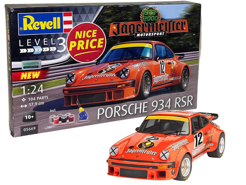 Revell Gift Set 05669 Jägermeister Motorsport 50th Anniversary - Porsche 934 RSR 1:24 Scale Unbuilt Plastic Model Kit with Contacta Professional Glue, Paintbrush & Selected Aqua Color Paints