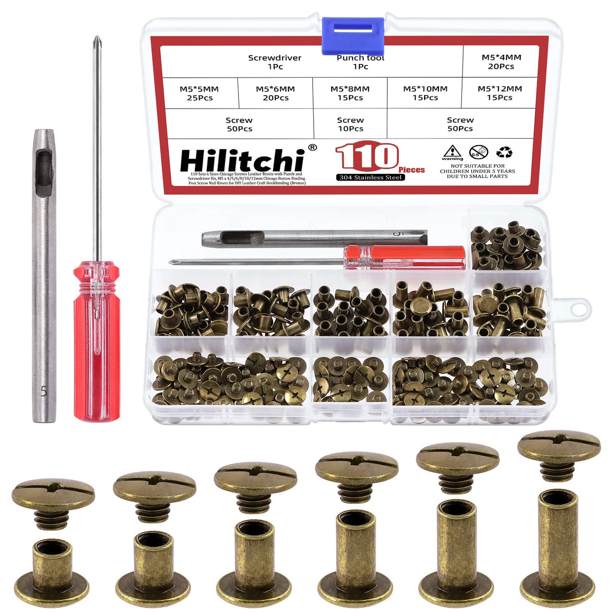 Hilitchi 110 Sets Bronze Chicago Screws Buttons Flat Head Screws Leather Rivets, Carbon Steel Round Binding Screws Rivets Nail Rivet Leather Studs Rivets with Install Tool (M5 x 4,5,6,8,10,12)