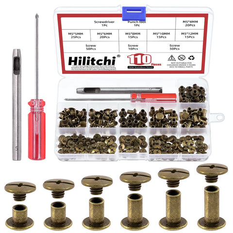 Hilitchi 110 Sets Bronze Chicago Screws Buttons Flat Head Screws Leather Rivets, Carbon Steel Round Binding Screws Rivets Nail Rivet Leather Studs Rivets with Install Tool (M5 x 4,5,6,8,10,12)