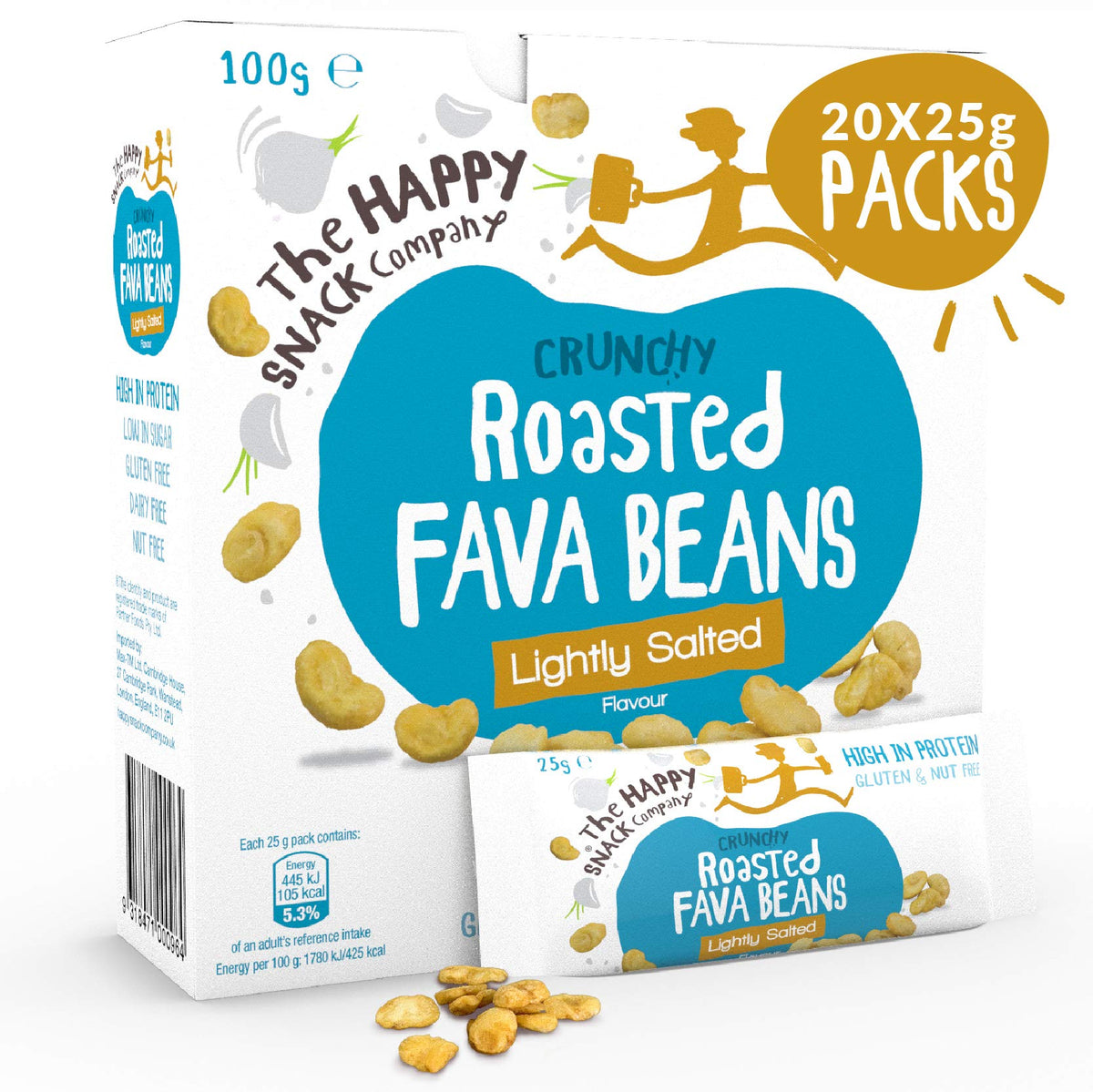 The Happy Snack Company Roasted Fava Beans, Lightly Salted Flavour Healthy Snack, High Protein, Gluten Free Tasty Snacks, Vegan, 105 Calories, 25g Portion, Pack of 20