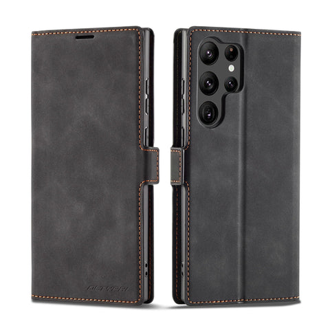 QLTYPRI for Samsung Galaxy S23 Ultra Case, Premium PU Leather Cover TPU Bumper with Card Holder Kickstand Hidden Magnetic Adsorption Shockproof Flip Wallet Case for Samsung Galaxy S23 Ultra - Black