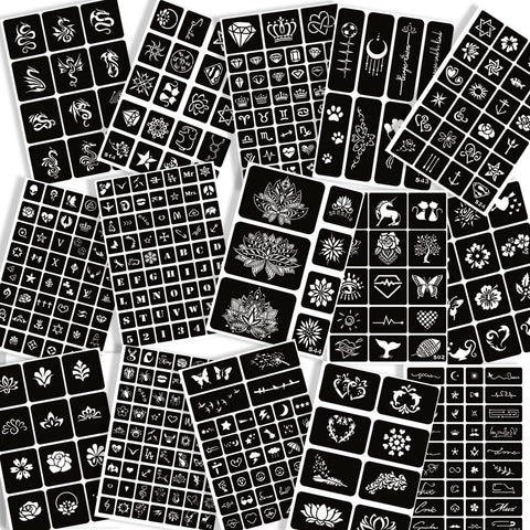 Henna Tattoo Stencils Kit Reusable for Women Girls, 410+ PCS Tattoo Templates, Temporary Indian Arabian Glitter Airbrush Tattoo Stencils for Face Body Paint DIY