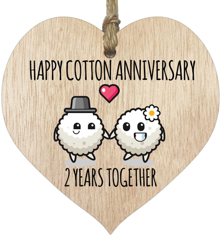2nd Wedding Anniversary Plaque Gift for Husband Wife - 2 Years Together - Happy Cotton Anniversary Wooden Heart for Women Men Partner, Light Wood Sign Keepsake Gifts