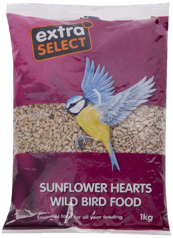 Extra Select Sunflower Hearts Bird Food - Husk-Free, Oil Rich, High Energy Wild Bird Seed for Year Round Feeding - 1 kg
