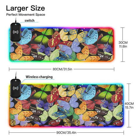 Butterfly Colored Insects Wireless Charging Mouse Pad for Mobile Phone Extra Large Gaming Mousepad with 13 Lighting Modes Keyboard Mat for Gaming MacBook PC Laptop Desk Office Home