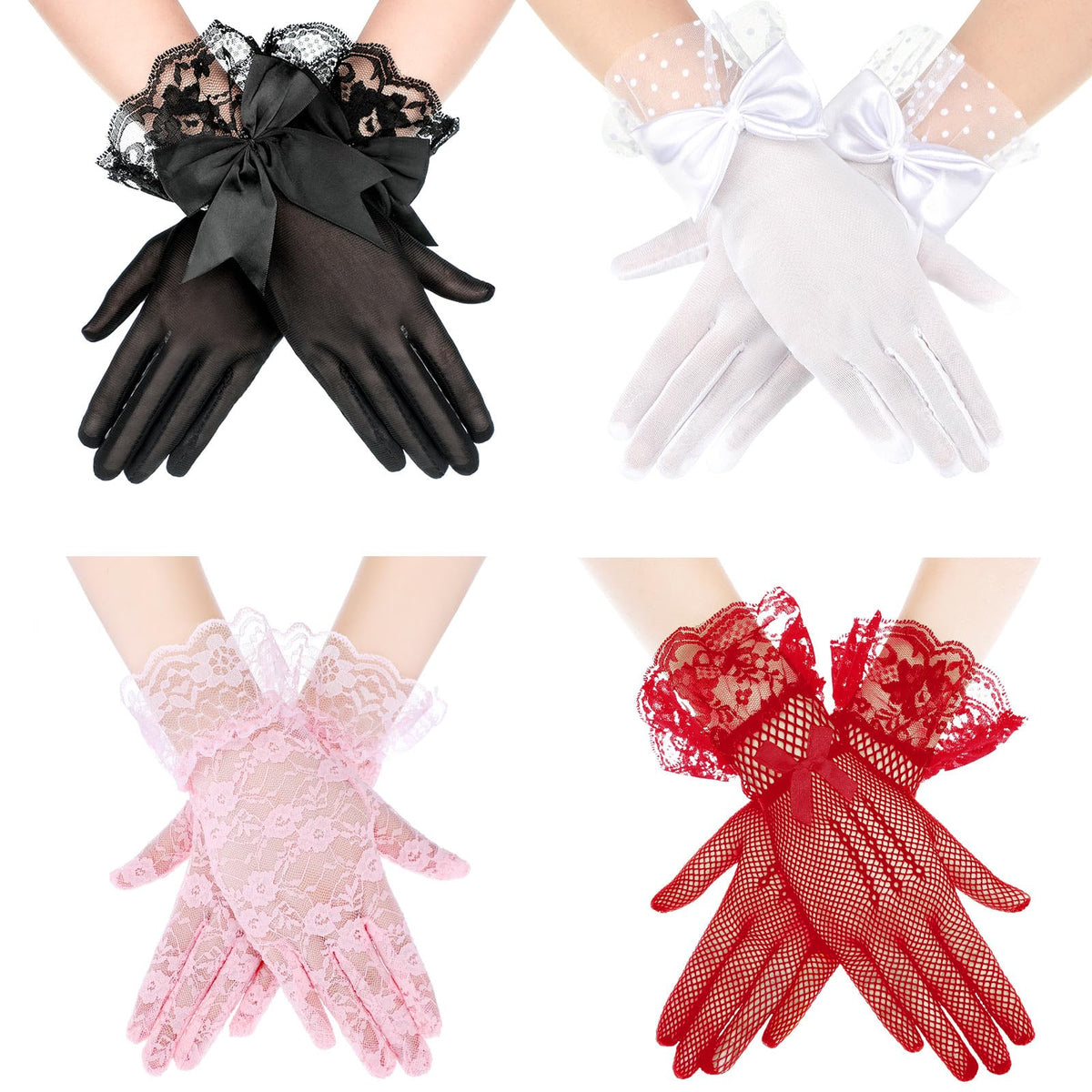Geyoga 4 Pairs Halloween Lace Gloves Women Tea Party Gloves Elegant Short Gloves Vintage Gloves Summer Gloves for Women(White, Pink, Black, Red)