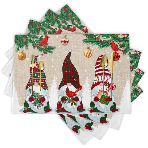 Christmas Placemats, Xmas Gnome Placemats, Placemats for Dining Table, Placemats Set of 4, Heat-Resistant Washable Place Mats, Kitchen Table Mats for Party Kitchen Decor, Berry Pine Cardinal Placemats