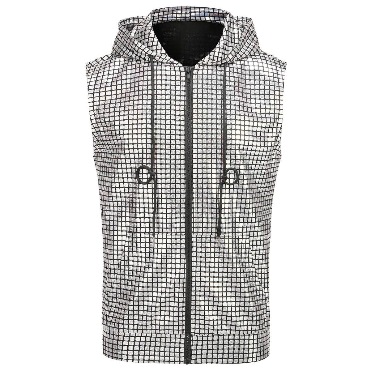 yolsun Men's Sequin Hooded Vest 70s Disco Outfit Shiny Metallic Sleeveless Hoodie Top Shirt with Pocket (Silver Sequin, Medium)