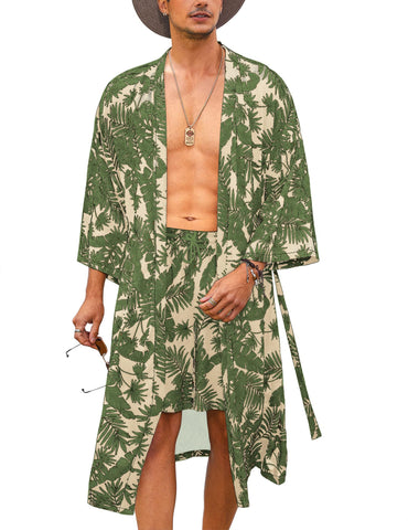COOFANDY Kimono For Men Lightweight Robe Men Kimono Beach 2 Piece Outfits Summer Long Cardigan Kimono Jackets Green (Leaves)