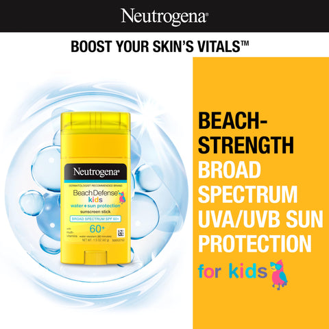 Neutrogena Beach Defense Kids Sunscreen Stick, Water-Resistant Sunscreen for Children, Broad Spectrum SPF 60+ for UVA/UVB Sun Protection, Oxybenzone-Free Sunscreen, Twin Pack, 2 x 1.5 oz