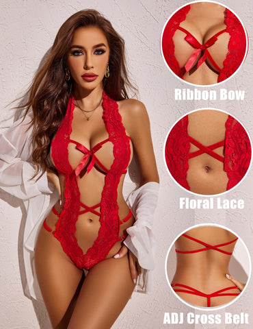 Avidlove Sexy Lingerie For Women Deep V Halter Teddy One Piece Bodysuit Lace Babydoll valentines lingerie teddy Red M