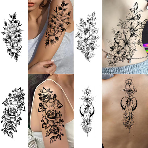 HEYYUNG 18 Pcs Flower Tattoos for Women, Temporary Sexy Tattoos, Realistic 3D Sketch Henna Tattoo Kit Sleeves for Women, Makeup Designs Chest Abdomen Back Tattoos for Girls
