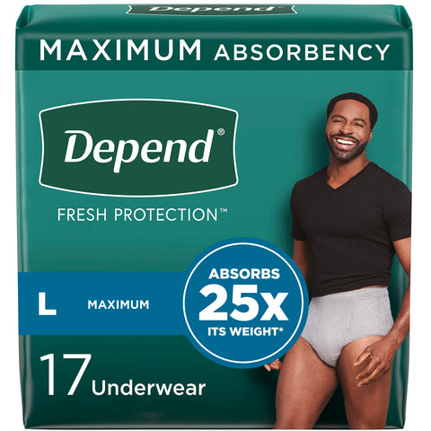 Depend FIT-FLEX Incontinence Underwear for Men, Maximum Absorbency, Disposable, Large, Grey, 17 Count