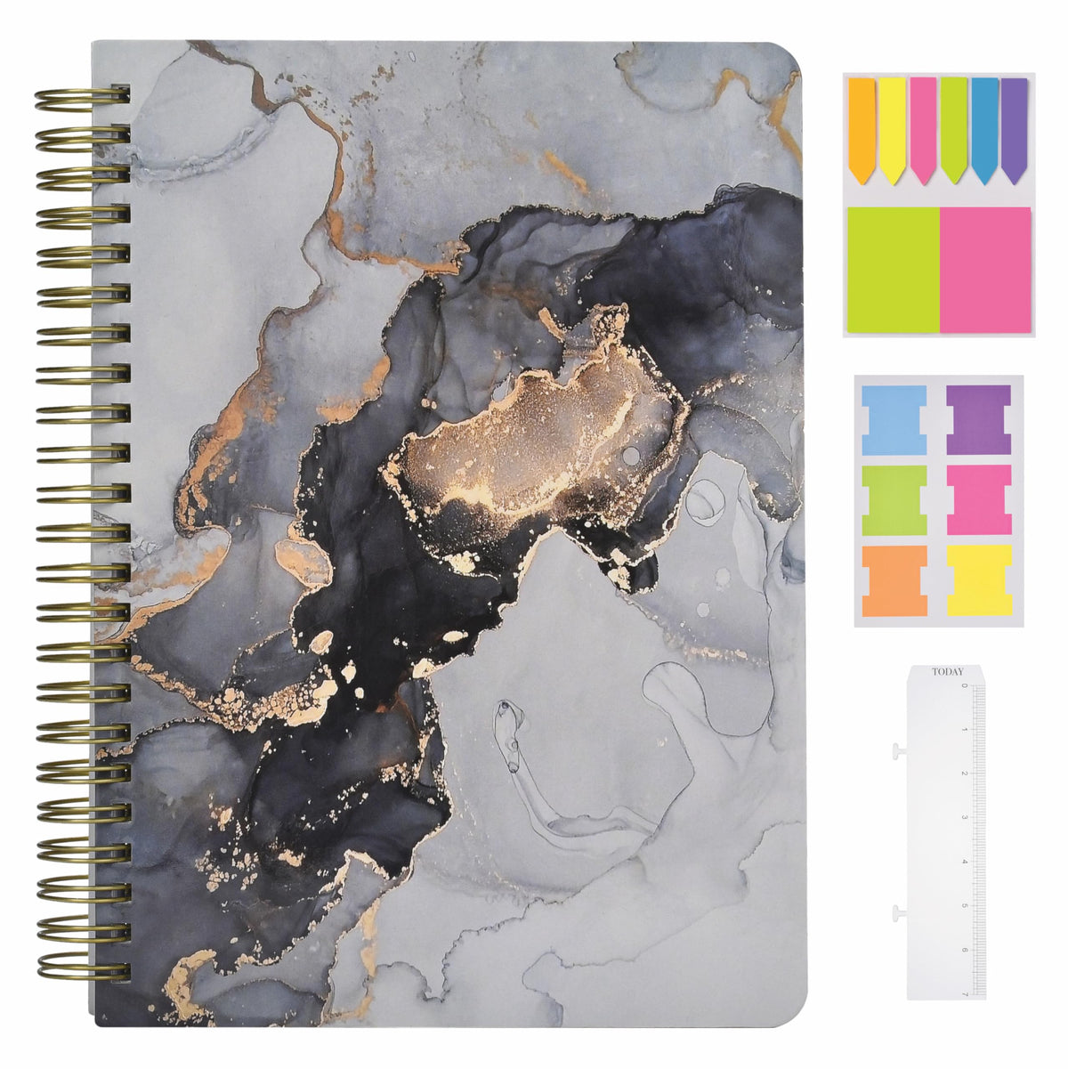 NELOVI Cute Mini Spiral Notebook, 8.25" x 6.25" Journal with Durable Hardcover and 160 College Lined Pages - 100 gsm Thick A5 Paper (Black Marble)